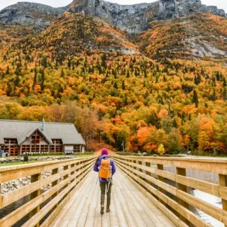 Mountain valley with autumn trees and a cabin